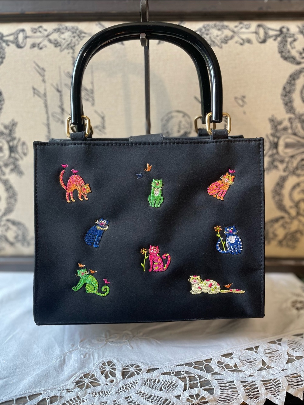 Vintage Kim Rogers black small tote bag cats